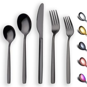 20 Pieces Gold Plated Stainless Steel Flatware Set; Sliverware Cutlery Set Service for 4; Mirror Polished (Color: Black)